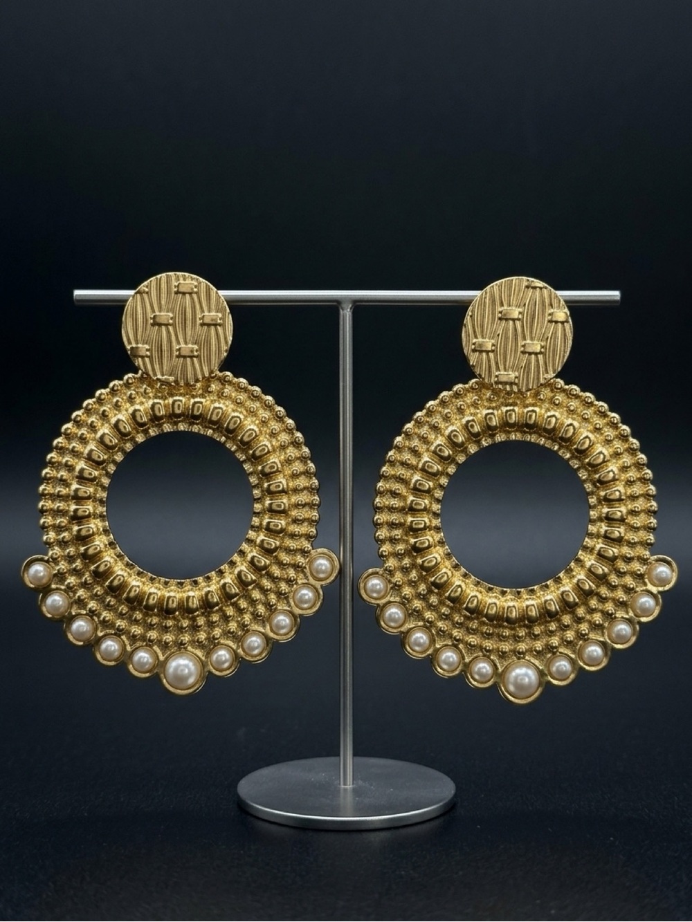 Gold Hoop Statement Earrings with Pearl Accents
